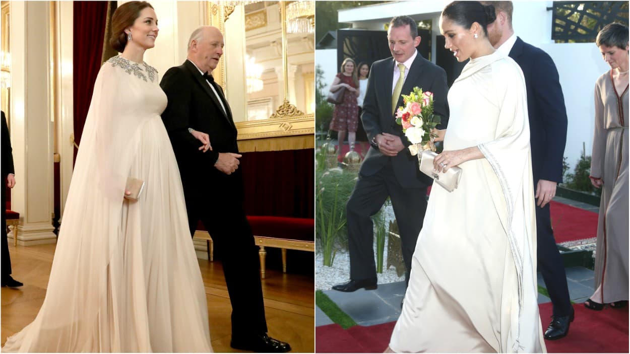Su estado de gestación no fue impedimento para asistir a algunos eventos de gala, ya que elegían vestidos amplios que les diera comodidad y movimiento. En febrero de 2018, Middleton acompañó a William en un tour por Noruega y Suiza, en uno de los eventos optó por un diseño en seda de Alexander McQueen. El mismo mes, pero de 2019 Meghan visitó Marruecos al lado de su esposo y utilizó un atuendo blanco.