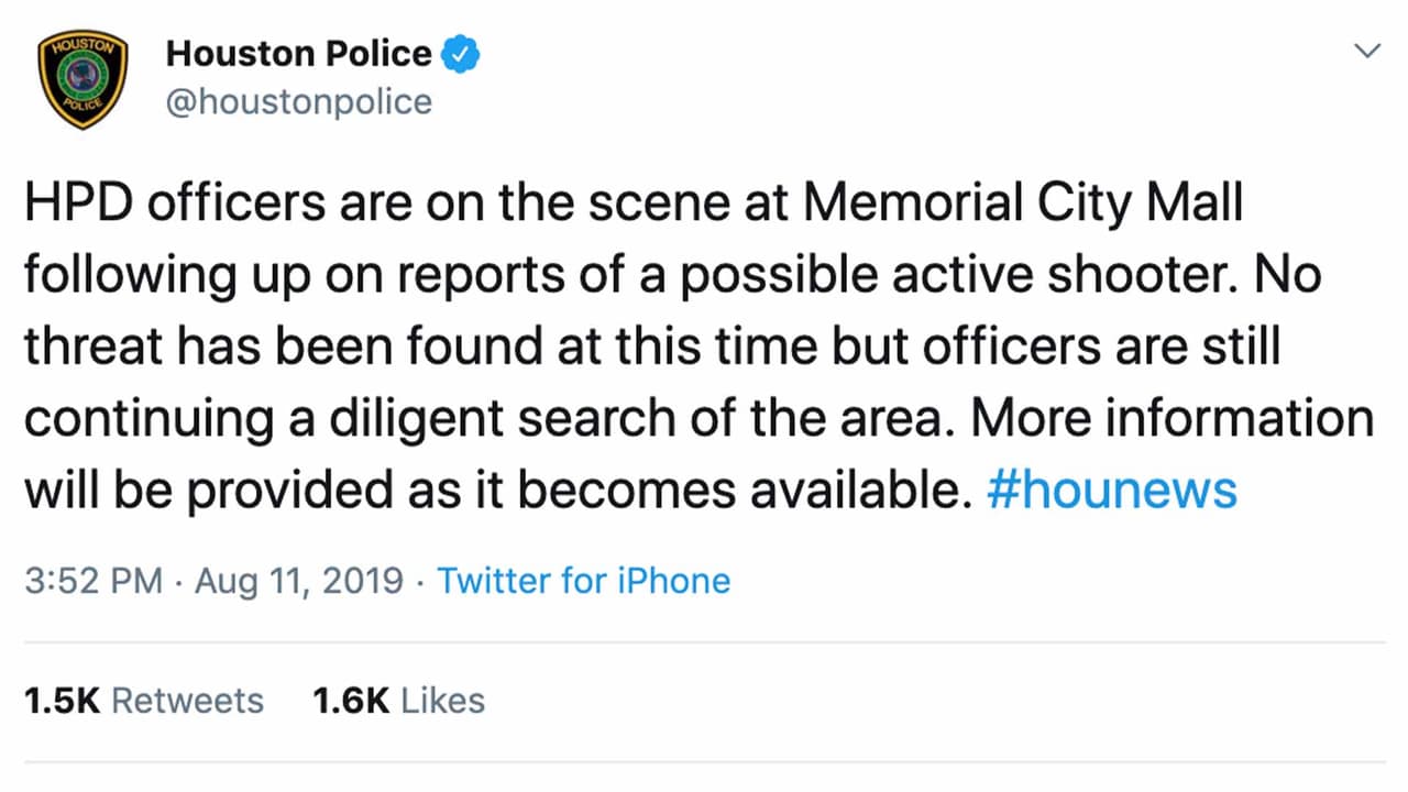 Las autoridades informaron a través de sus redes sociales que investigaban el reporte de un supuesto tiroteo en el Memorial City Mall