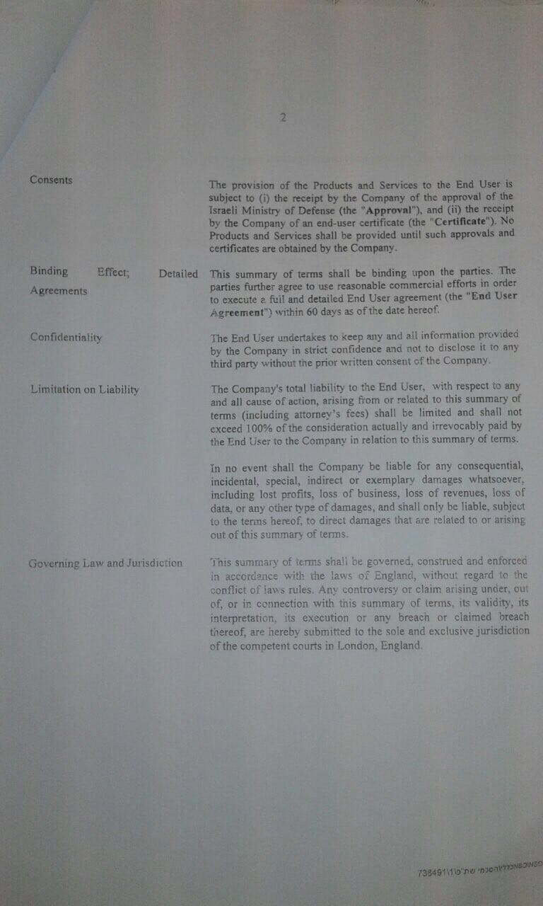 Second page of the terms of the agreement to acquire Pegasus by the Martinelli government