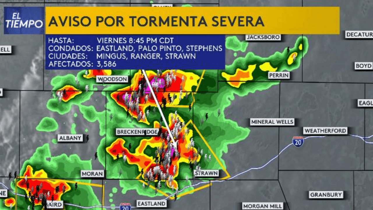 Se emite aviso por tormenta severa para partes de condados de Eastland, Palo Pinto y Stephens
