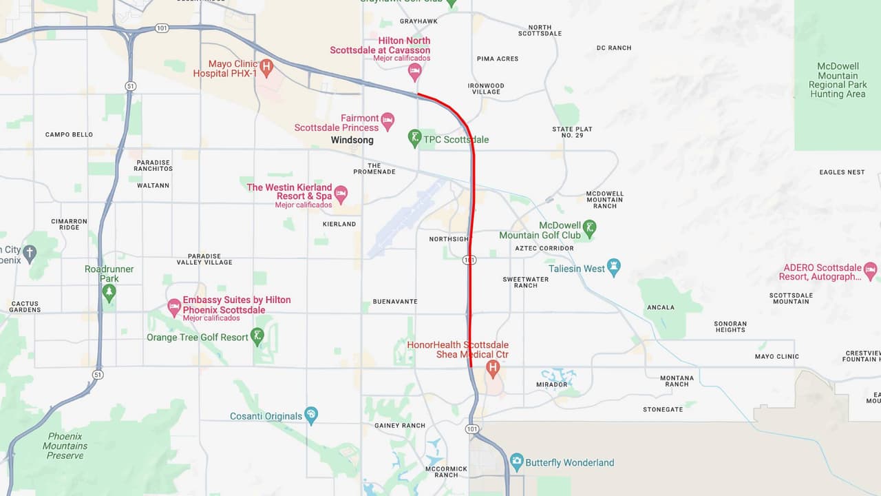 <b>Loop 101 norte</b>
<br>El Loop 101 en dirección norte cerrará entre Shea Boulevard y Princess Drive/Pima Road desde las 10 p.m. del viernes hasta las 5 a.m. del lunes.
<br>
<br>Las rampas de acceso al Loop 101 en dirección norte en Via de Ventura y 90th Street también estarán cerradas. 
<br>
<br>
<b>Rutas alternas</b>
<br>Considere utilizar Scottsdale Road en dirección norte. También puede usar el Loop 202 en dirección oeste y la Ruta Estatal 51 en dirección norte.