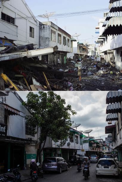 Hace diez años, en una de las calles de Banda Aceh, Indonesia, un joven buscaba a su familia en medio de los cadáveres y los escombros. Actualmente la gente transita en sus automóviles y las casas están totalmente restauradas.