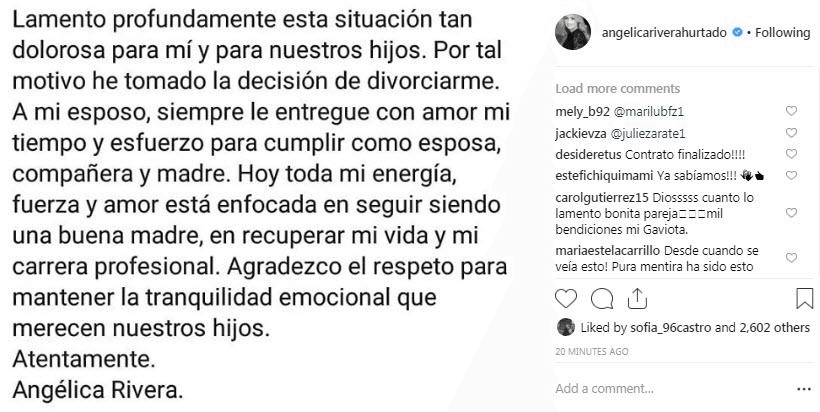 <a href="https://www.univision.com/entretenimiento/celebridades/angelica-rivera-se-divorcia-de-enrique-pena-nieto-en-fotos-asi-fue-su-historia-de-amor-fotos" target="_blank">'La Gaviota' ya había informado su decisión</a> de divorciarse de quien fuera su marido durante nueve años.
