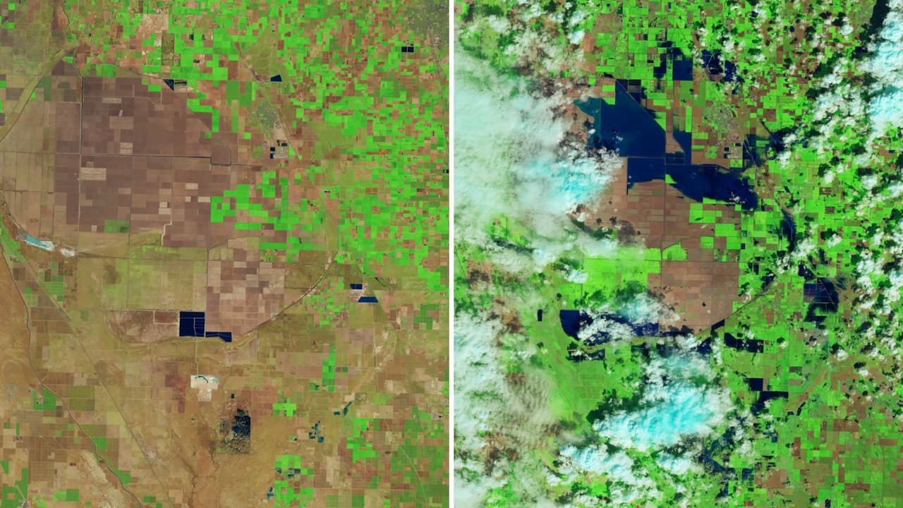 Imagen de satélite del lago Tulare. A la izquierda marzo de 2022 y la derecha marzo 2023.