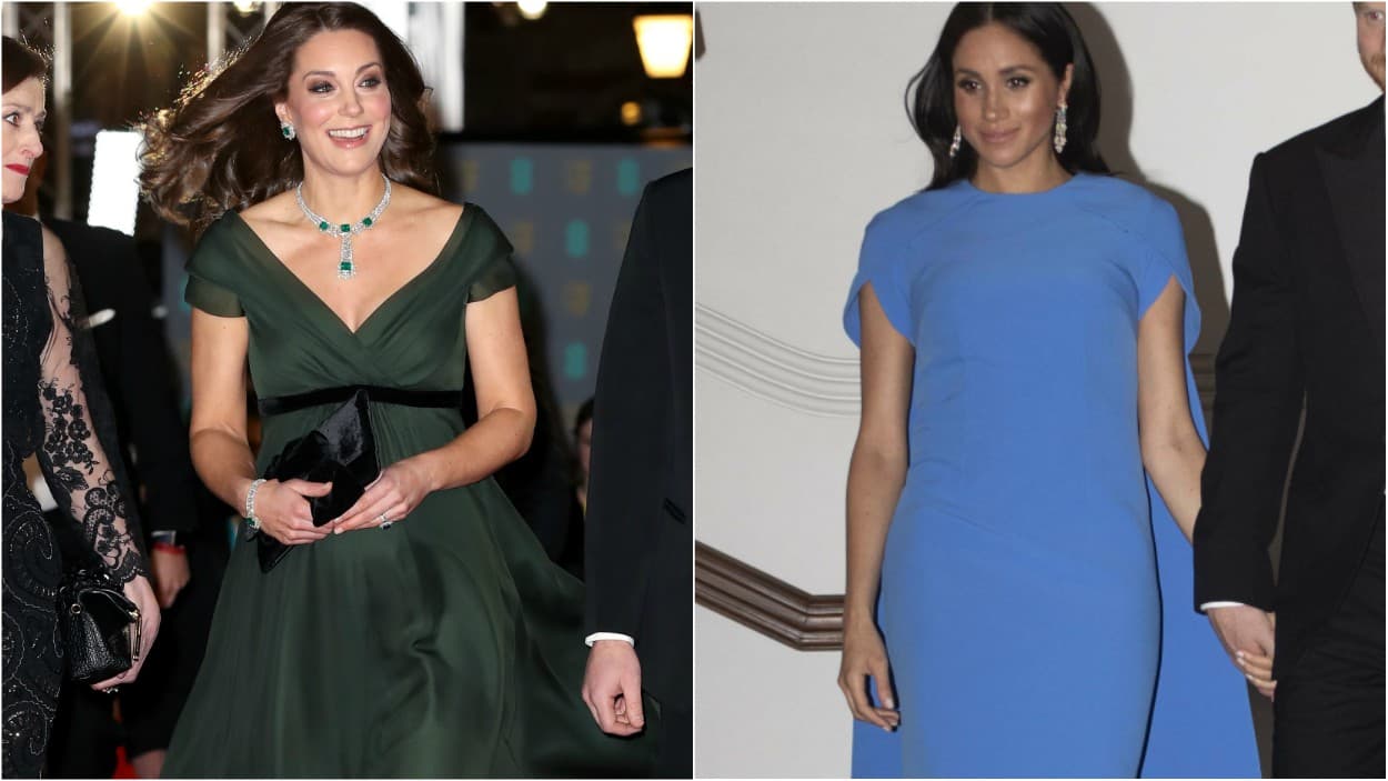 <b>Joyas de impacto: </b>Quizá una de los momentos más difíciles para vestir durante un embarazo son los vestidos de gala que usualmente están pensados para resaltar la figura. En ambos casos, las duquesas decidieron resolver este dilema desviando la atención hacia sus accesorios. Para Kate, un impresionante aderezo de esmeraldas completó a la perfección su vestido verde de Jenny Packham para asistir a la entrega de los premios BAFTA mientras que Meghan llevó unos zarcillos de diamantes que acapararon la atención sobre su vestido columna en azul turquesa de Safiyaa Ginkgo en la cena de Estado en Suva, Fuji.