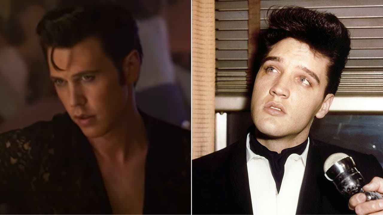Austin Butler en 'Elvis' y Elvis Presley