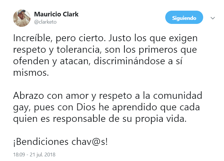 Además, pidió respeto para sus opiniones y envió un enérgico mensaje a la comunidad LGBTTI.