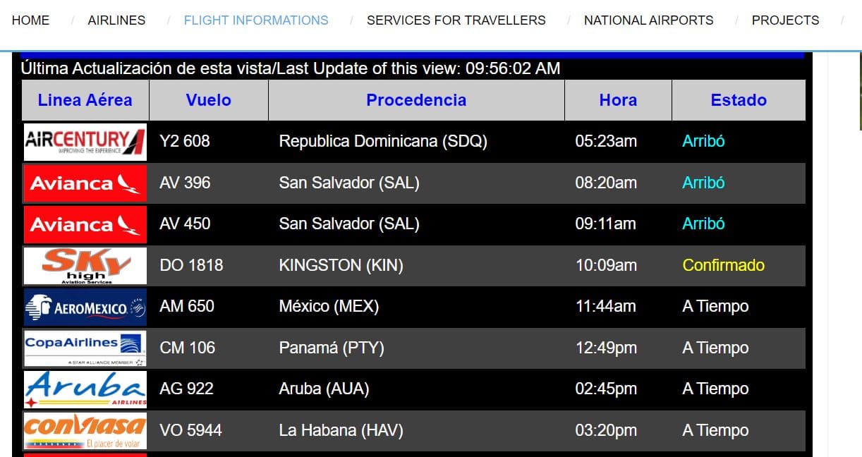 El tablero de llegadas del aeropuerto de la Empresa Administradora de Aeropuertos Internacionales (EAAI) de Nicaragua mostra media docena de vuelos chárter -Air Century, Sky King, Air Aruba, Conviasa- que llegan a Managua desde Cuba vía diferentes ciudades en un reciente día de agosto.