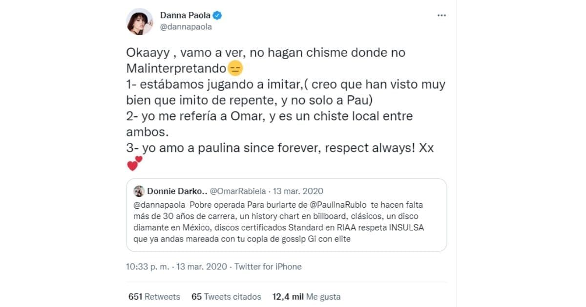 Tuit de Danna Paola aclarando conflicto con Paulina Rubio