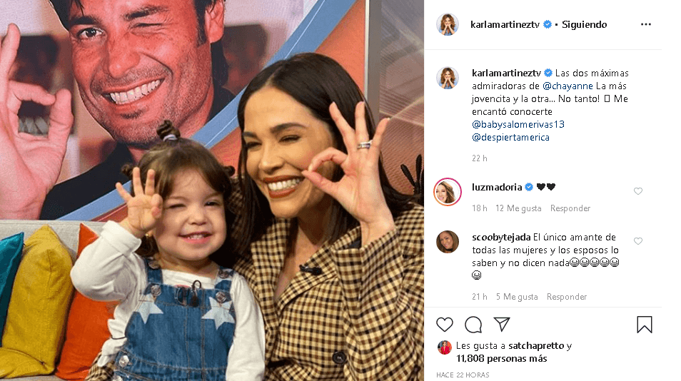 "Las dos máximas admiradoras de Chayanne. La más jovencita y la otra... no tanto. Me encantó conocerte", señaló Karla en Instagram.