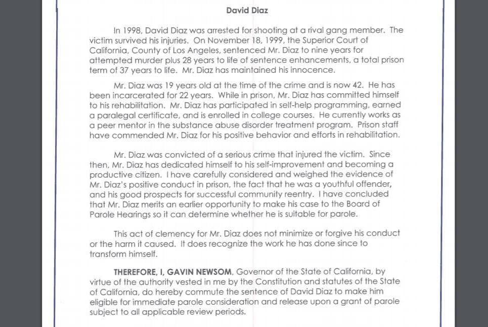 Carta que le otorga el indulto a David Díaz por parte del gobernador de California, Gavin Newsom.