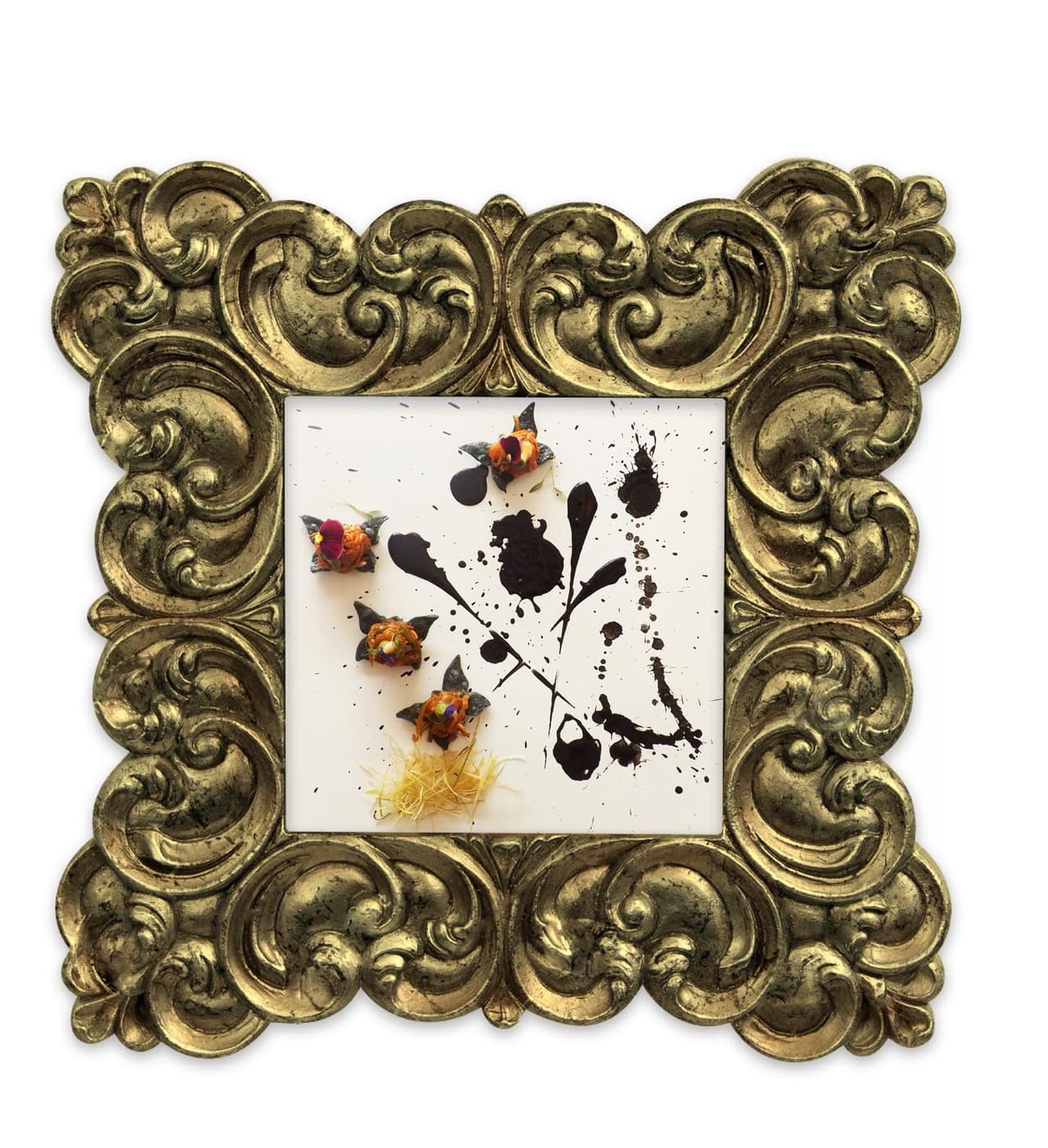 "Tostadas figurativas": un salmón en escabeche y claroscuro de cenizas de habanero de la mexicana Martha Ortiz, un plato del menú Pintado de Negro inspirado, según la propia Martha, en el “expresionismo gastronómico que exalta la relación de Pollock y Siqueiros”.