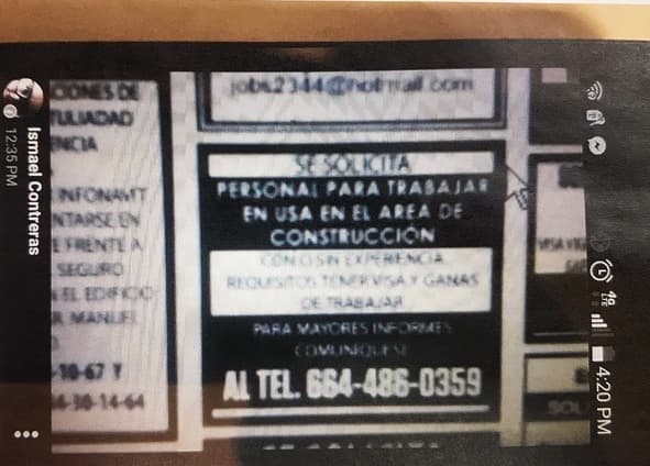 Los albañiles eran reclutados a través de anuncios clasificados difundidos en Tijuana como este, que ofrecía empleo en Estados Unidos solo con dos requisitos: “tener visa y ganas de trabajar”.