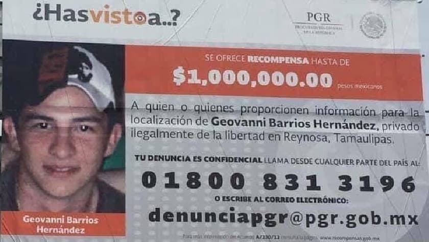 Giovanni Barrios Hernández secuestrado el 24 de abril de 2008 a la edad de 13 años, quien cuenta con ciudadanía estadounidense.