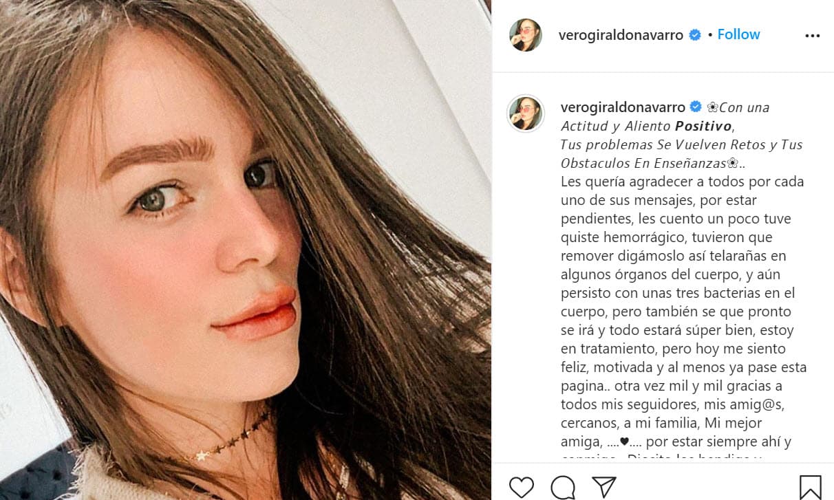 Publicó
<b><a href="https://www.instagram.com/p/CB8Dyuln78i/" target="_blank"> esta foto </a></b>en su cuenta en la que detalló que se encontraba mejor y explicó las problemas que la llevaron a buscar atención médica. 
<br>