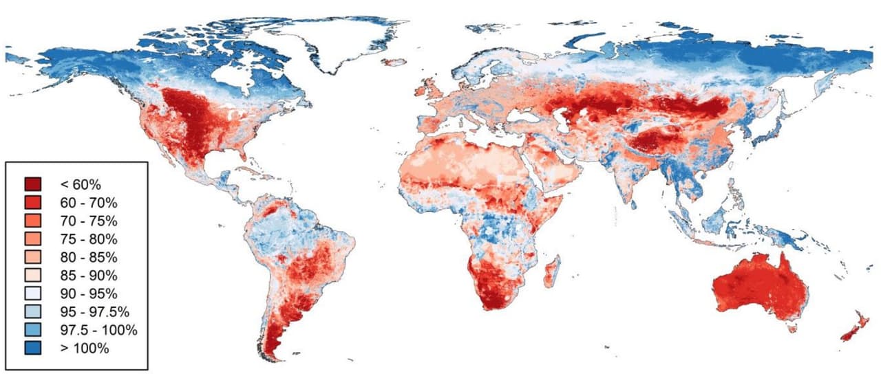 El mapa enseña las áreas con los porcentajes de biodiversidad que siguen intactos. Las zonas azules son las más intactas y las rojas las más afectadas por el hombre.