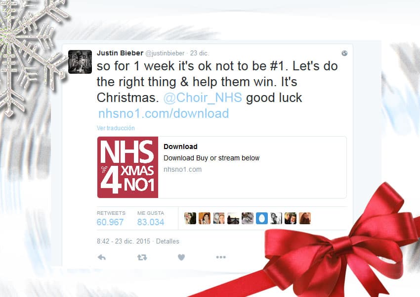 "Sólo por una semana está bien no ser el número 1. Hagamos lo correcto y ayudemos para que ellos ganen esta vez. Es Navidad #ChoirNHS buena suerte", escribió el cantante con el link de descarga del sencillo del coro.