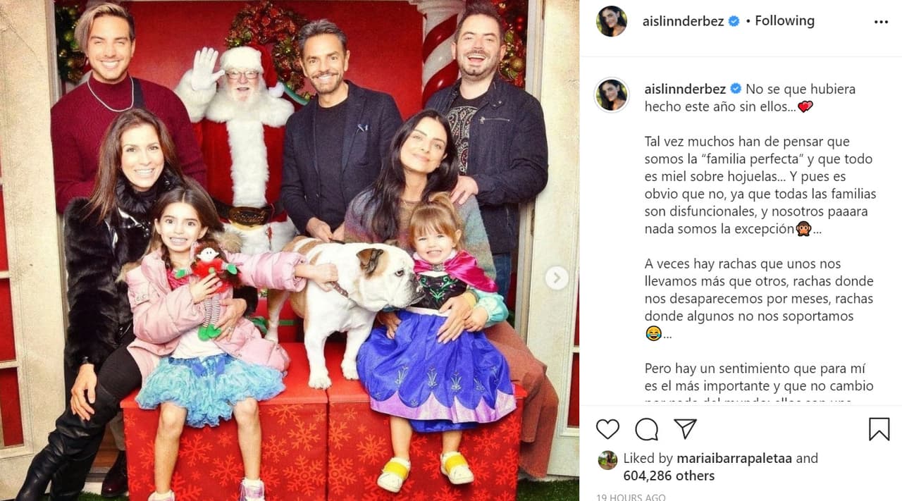 Aislinn, sus hermanos José Eduardo y Vadhir, su papá Eugenio Derbez y su esposa Alessandra Rosaldo, publicaron la foto con la que desean felices fiestas a sus seguidores. Aparecen todos junto a las más pequeñas de la familia, Aitana y Kailani.