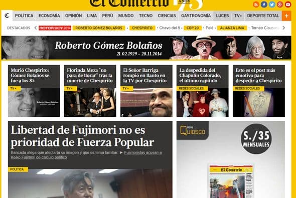 El portal peruano El Comercio también le dedicó un espacio importante en su página principal.