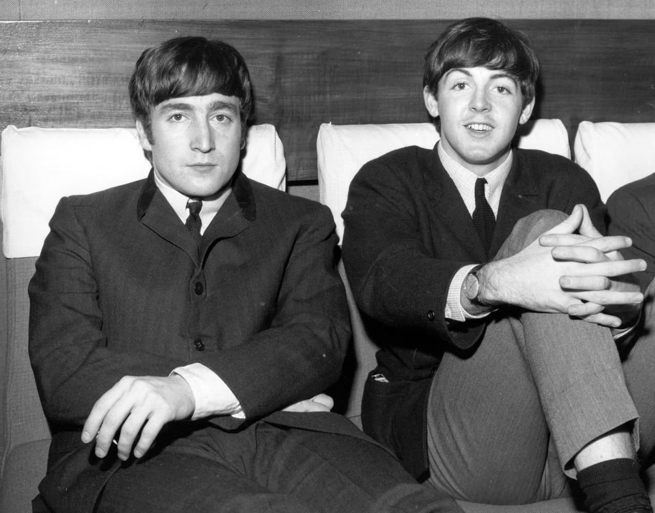 1st November 1963: Two members of Liverpudlian pop group The Beatles, John Lennon (1940 - 1980), singer and guitarist, left, and Paul McCartney, singer and bass guitarist.