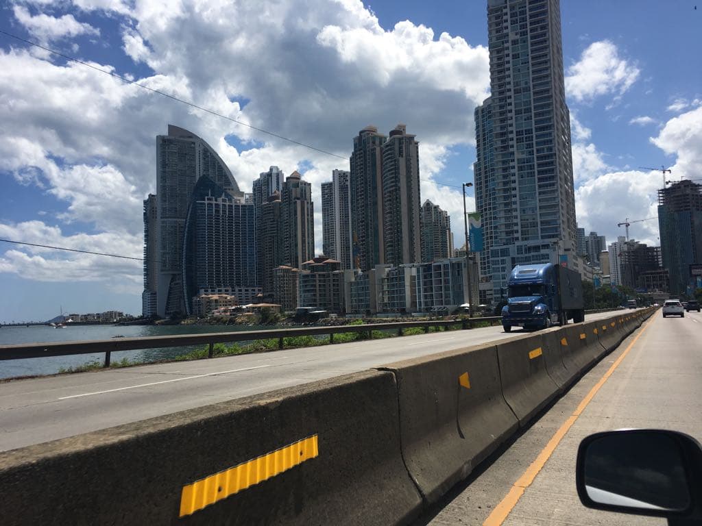 The Trump International Hotel & Tower's distinctive sail-like design (far left) stands out on the Panama City skyline. Seen here on the main road entering the city from the international airport.