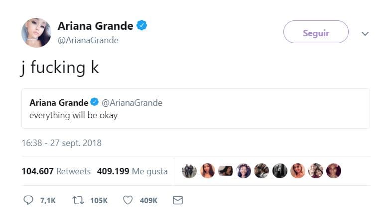 Grande, también retuiteó el mismo mensaje del 22 de septiembre, 
<b>cuando decía que "todo va a estar bien".</b> Los estadounidenses suelen abreviar en mensajes de texto la frase "solo bromeando (just kidding)" con “JK”.