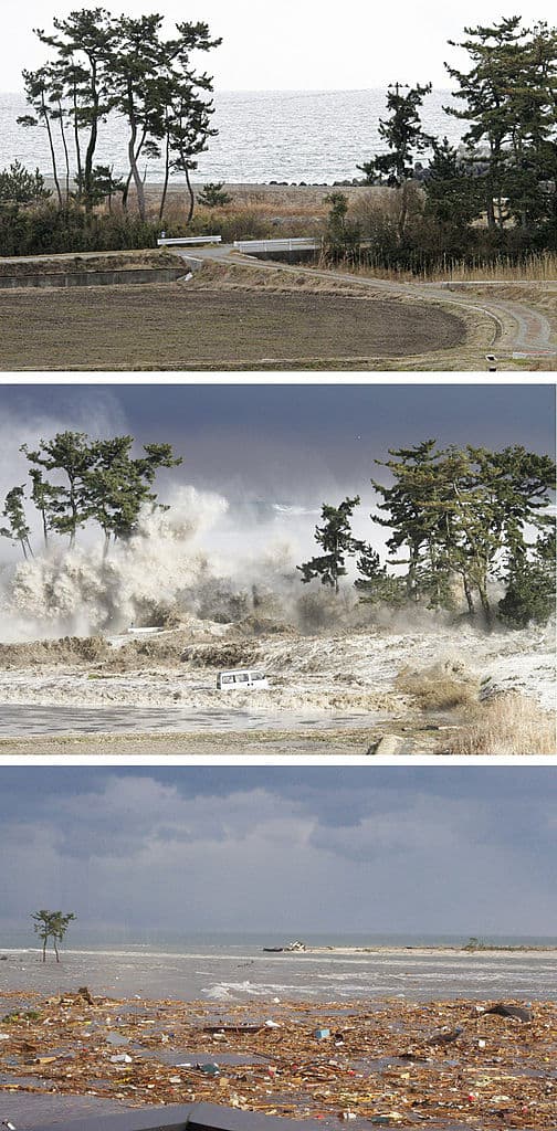 En antes y después en la costa de Minamisoma en la región de Fukushima.