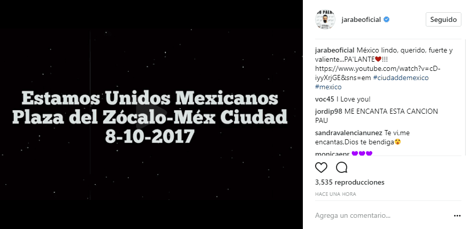 A través de su cuenta en Instagram, Jarabe de Palo publicó un vídeo en el que muestra imágenes inéditas de su participación en 'Estamos Unidos Mexicanos', en el que el español muestra su apoyo incondicional hacia México.