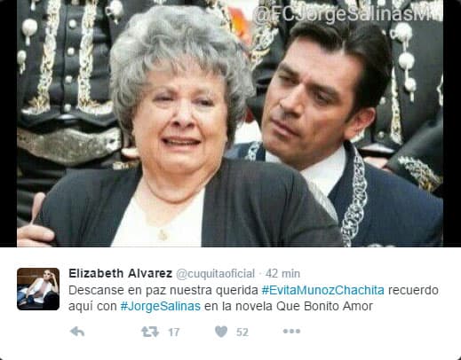 @cuquitaoficial: "Descanse en paz nuestra querida #
<b>EvitaMunozChachita</b> recuerdo aquí con #
<b>JorgeSalinas</b> en la novela Que Bonito Amor".