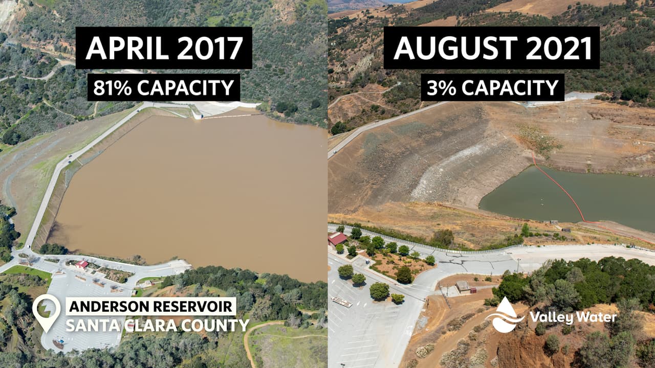En junio, la Junta Directiva de Valley Water declaró una emergencia de escasez de agua e implementó una reducción obligatoria del uso de agua del 15% en comparación con 2019 para todo el condado de Santa Clara. En la foto se muestra el embalse de Anderson.