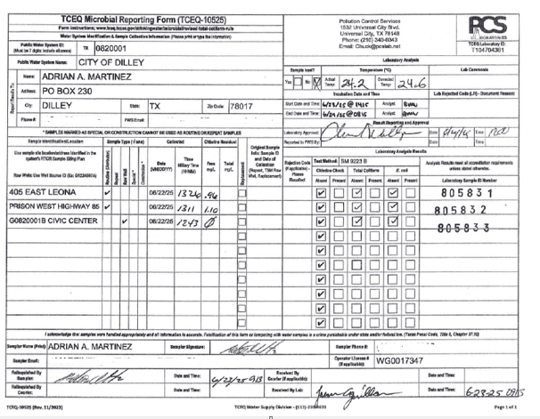 Microbiological report based on three water samples collected in the City of Dilley in June 2005