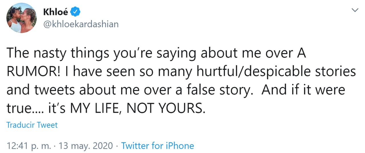 "¡Las cosas desagradables que dicen sobre mí por un rumor! He visto tantas historias y tuits hirientes/despreciables sobre mí sobre una historia falsa. Y si fuera cierto...
<b>¡es mi vida, no la tuya!</b>".
<br>