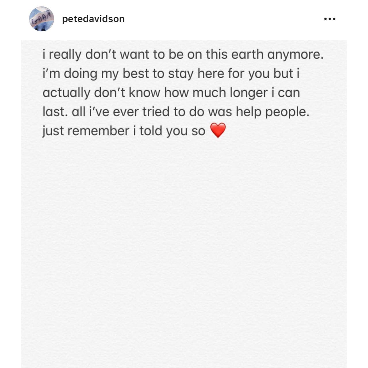 "Realmente ya no quiero estar en esta tierra. Estoy haciendo mi mayor esfuerzo para quedarme aquí por ustedes, pero en realidad no sé cuánto tiempo más pueda resistir”, se lee en la primera parte de su mensaje.
