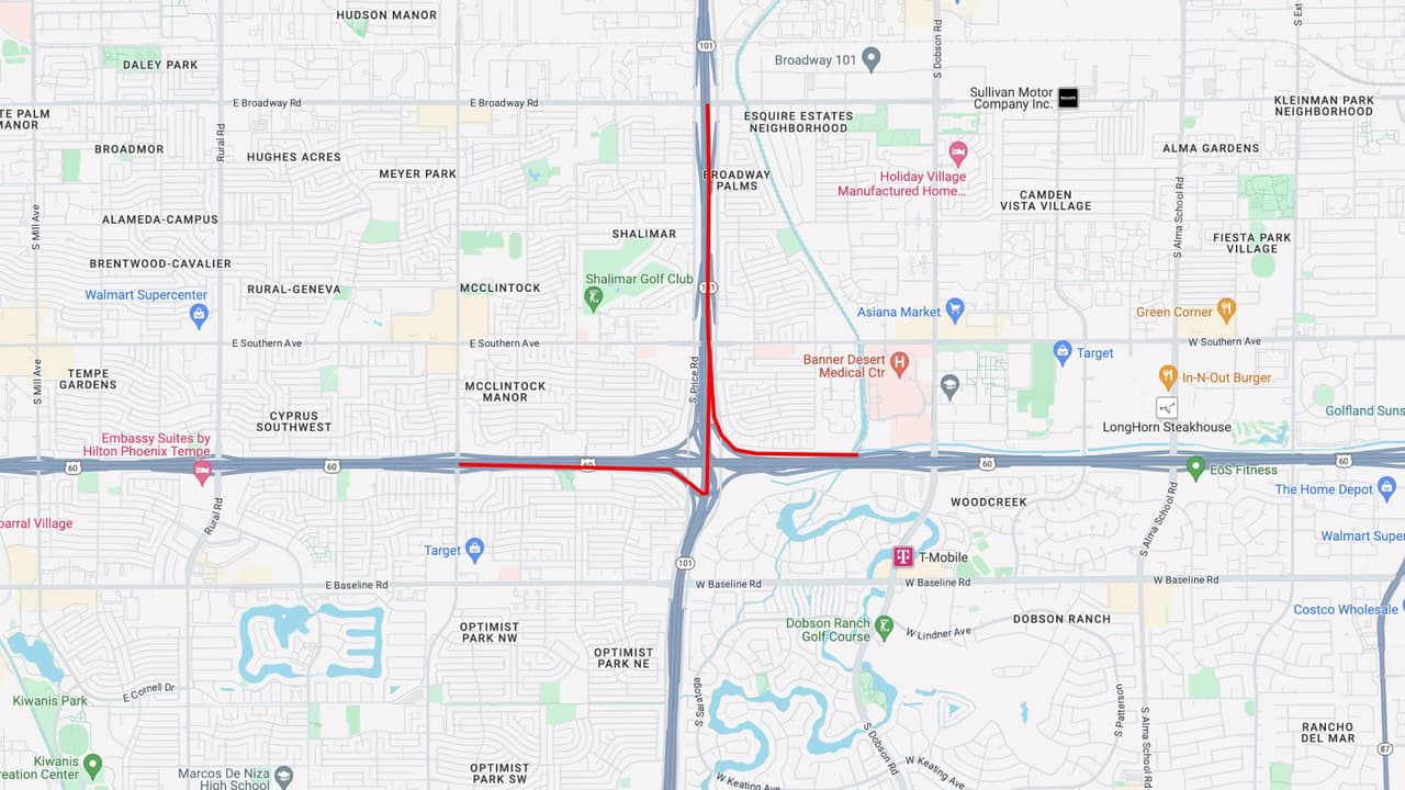<b>Loop 101 Norte</b>
<br>El Loop 101 en dirección norte cerrará entre la US 60 y Broadway Road, desde las 9 p.m. del viernes 10 de mayo, hasta las 5 a.m. del lunes 13 de mayo.
<br>
<br>Ambas rampas de la US 60 hacia el Loop 101 en dirección norte estarán cerradas, así como las rampas de acceso al Loop 101 en dirección norte en las carreteras Warner, Elliot y Guadalupe. 
<br>
<br>
<b>Rutas alternas</b>
<br>Considere salir antes del cierre y usar la vía lateral de Price en dirección norte, antes de conectarse con el Loop 101 en dirección norte más allá del cierre.