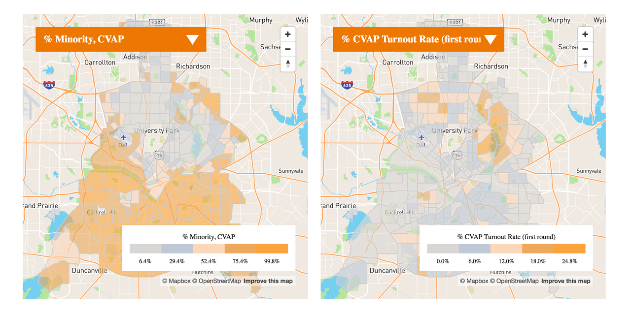 Maps of Dallas showing where minorities live (left) and where turnout for local elections is higher (right)