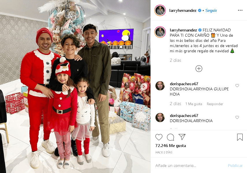 La primera fue esta imagen, en la que aparece con cuatro de sus retoños. "Feliz Navidad para ti con cariño. Y uno de los más bellos días del año para mí, 
<b><a href="https://www.instagram.com/p/B6fQkhPB3Or/" target="_blank">tenerlos a los cuatro juntos</a> </b>es de verdad mi más grande regalo de Navidad", escribió Larry Hernández.