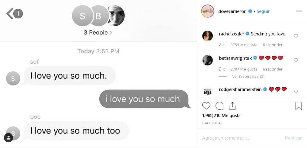 La actriz publicó en su cuenta de Instagram
<b><a href="https://www.instagram.com/p/B0rfTXwnyDe/" target="_blank">una foto</a></b> de pantalla del chat grupal que tenía con Cameron, Sofía Carson y Booboo Stewart, también estrellas de la película. En la foto se observa cómo Carson les escribe un
<b>"los quiero mucho"</b> a lo que Cameron Boyce responde de la misma manera y luego Dove cierra con un "yo también los quiero mucho".