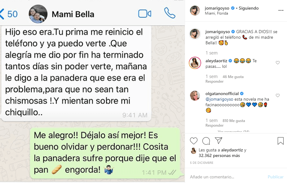 "Hijo eso era. Tu prima me reinició el teléfono y ya puedo verte", comentó María José al expresar su alegría de poder visualizar nuevamente a su hijo en Instagram después de "tantos días". "Mañana le digo a la panadera que ese era el problema para que no sean tan chismosas y mientan sobre mi chiquillo", agregó.