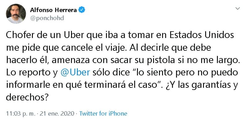 "Al decirle que debe hacerlo él (la cancelación), 
<b><a href="https://twitter.com/ponchohd/status/1219847967135424512" target="_blank">amenaza con sacar su pistola</a></b> si no me largo", denunció el ex integrante del 
<b><a href="https://www.univision.com/famosos/rbd-se-reencuentra-a-11-anos-de-su-separacion-y-esto-fue-lo-que-se-dijeron-tras-darse-un-emotivo-abrazo-fotos" target="_blank">grupo RBD. </a></b>