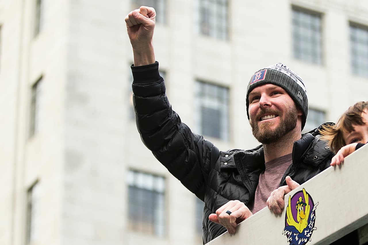 BOSTON, MA - OCTOBER 31: Chris Sale #41 of the Boston Red Sox reacts on a duck boat during the 2018 World Series victory parade on October 31, 2018 in Boston, Massachusetts. (Photo by Adam Glanzman/Getty Images)