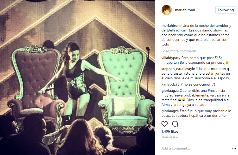 Su última participación arriba de un escenario fue con el proyecto 'Ellas'. Esta imagen fue posteada por Hiromi donde la intérprete también escribió: "Una de la noche del temblor y de @ellasoficial_ Las dos dando show, las dos haciendo como que no estamos cerca de conocernos y que está bien bailar con todo".