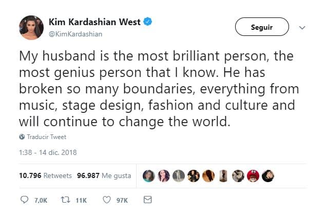 “Mi esposo es la persona más brillante, la más genial que conozco. Ha roto muchos límites, todo desde música, escenografía, moda y cultura, y seguirá cambiando el mundo”.
<br>