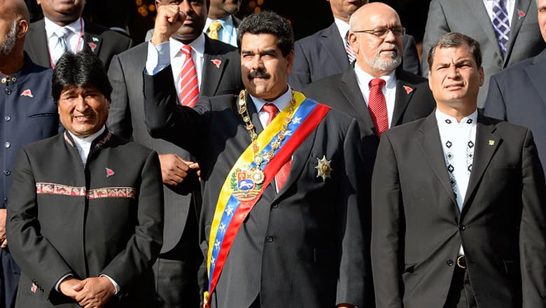 Evo Morales, Nicolás Maduro y Rafael Correa, en una cumbre del Alba en Caracas, en el año 2013.