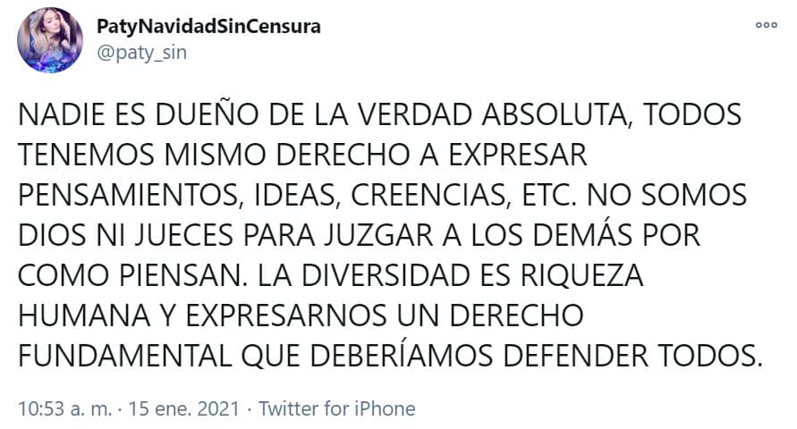 Horas más tarde publicó su segundo mensaje, en donde defiende la diversidad de ideas.
<br>