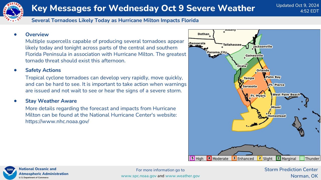 Posibilidad de tornados para este miércoles en Florida, asociados con el huracán Milton.