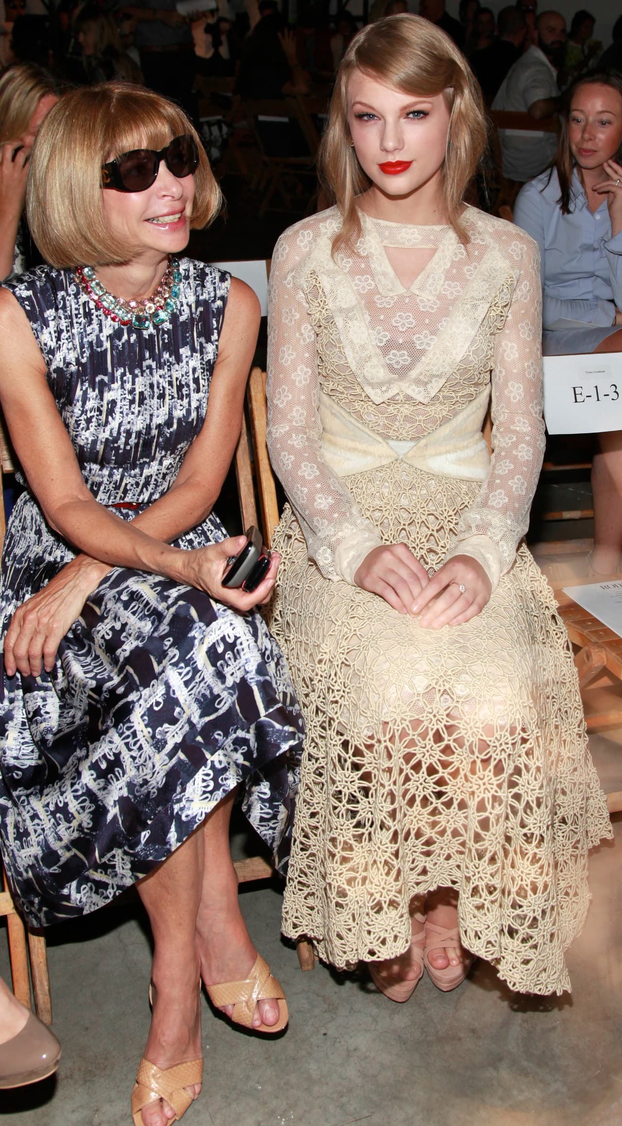 En 2012 la cantante acompañó a Anna Wintour, la famosa 
<b>editora de Vogue EEUU, al desfile de Rodarte durante Fashion Week New York. </b>Para quienes saben la importancia que tiene 
<a href="http://www.popsugar.com/fashion/Celebrities-Anna-Wintour-Fashion-Week-Pictures-24745391#photo-42312701">sentarse</a> junto a esta editora en un desfile de esta altura, saben que el importante gesto 
<a href="http://popcrush.com/taylor-swift-anna-wintour-rodarte-spring-2012-fashion-show/">colocó a Taylor Swift</a> en un lugar privilegiado en el mundo de la moda.