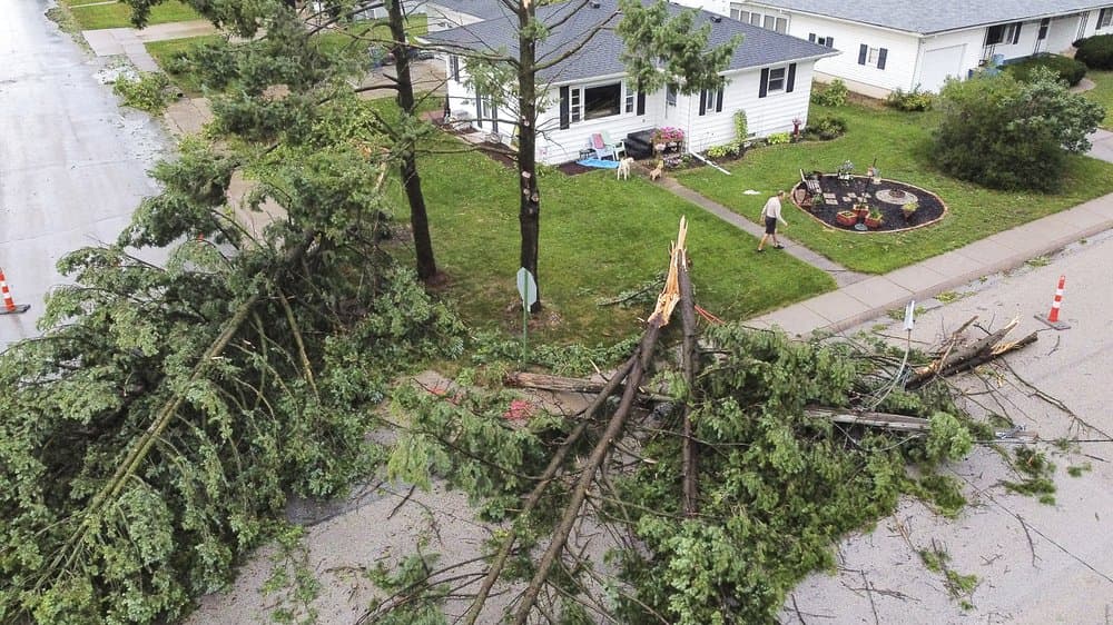 Árboles caídos en la casa de Tim y Patricia Terres en Walcott, Iowa, donde la tormenta Derecho golpeó con fuerza. Varias personas resultaron heridas y se informó de daños materiales generalizados en el condado de Marshall, en el centro de Iowa, después de que vientos de 100 millas por hora barrieran la zona, dijo su coordinador de seguridad nacional Kim Elder.