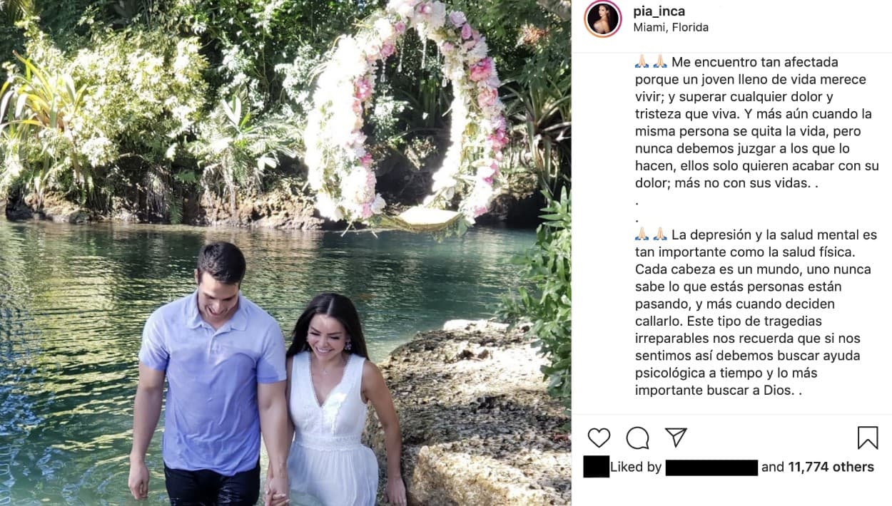 Pía comentó que Miguel Ángel se habría quitado la vida. De acuerdo con su testimonio, el flechado sufría depresión. La amorosa aprovechó para pedirle a sus seguidores que padezcan de esa condición que busquen ayuda. En Estados Unidos, la línea telefónica para 
<b>la prevención del suicidio</b> es el 
<b>1-800-273-8255</b>. Atienden en español.