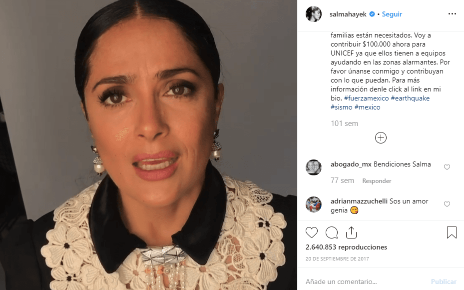 Uno de ellos fue cuando 
<b><a href="https://www.univision.com/shows/despierta-america/salma-hayek-cuenta-como-vivio-el-terremoto-de-1985-en-la-ciudad-de-mexico-y-pide-recaudar-fondos-video">un terremoto sacudió</a></b> la zona central de México el 19 de septiembre de 2017. En esa ocasión, la actriz pidió a través de Instagram, apoyo para recaudar fondos para las personas damnificadas.