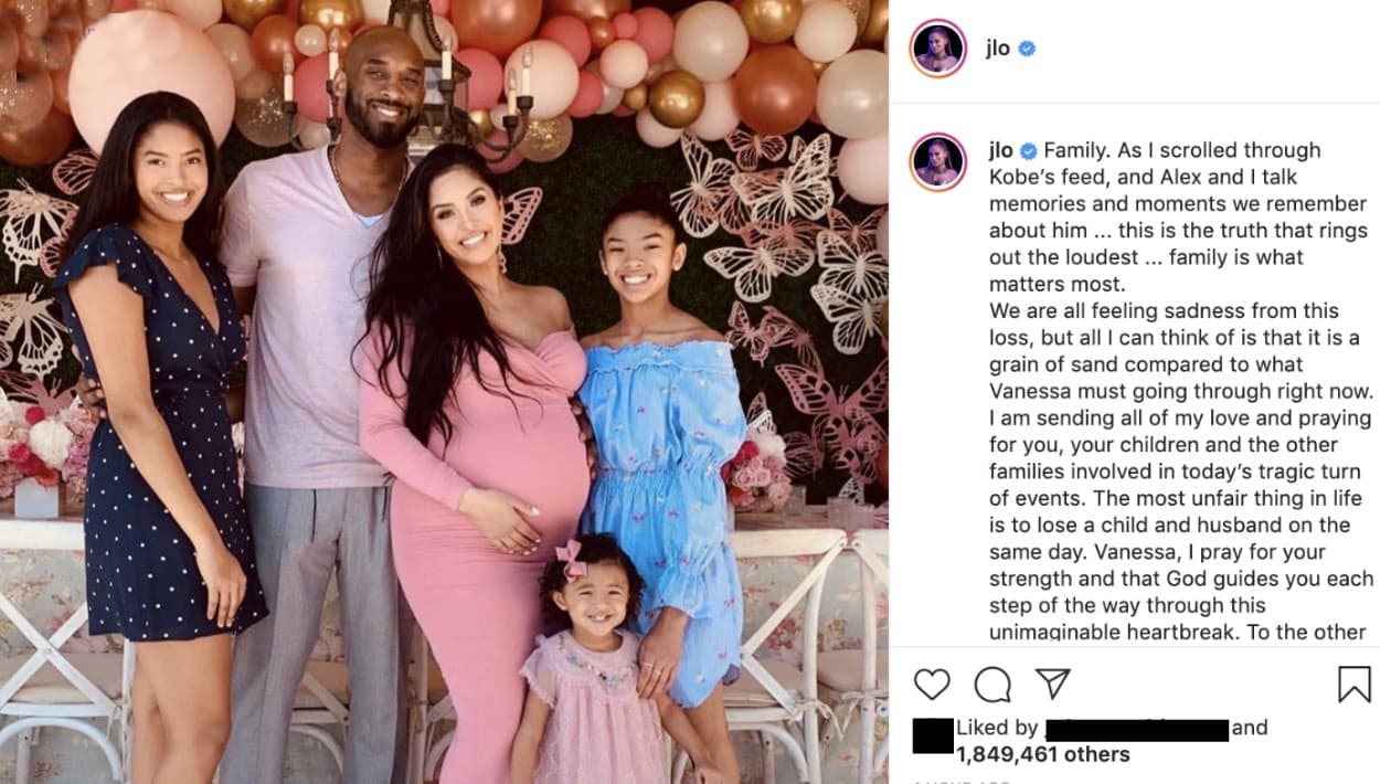 Jennifer López no culminó su mensaje sin dedicar unas palabras a Kobe Bryant.